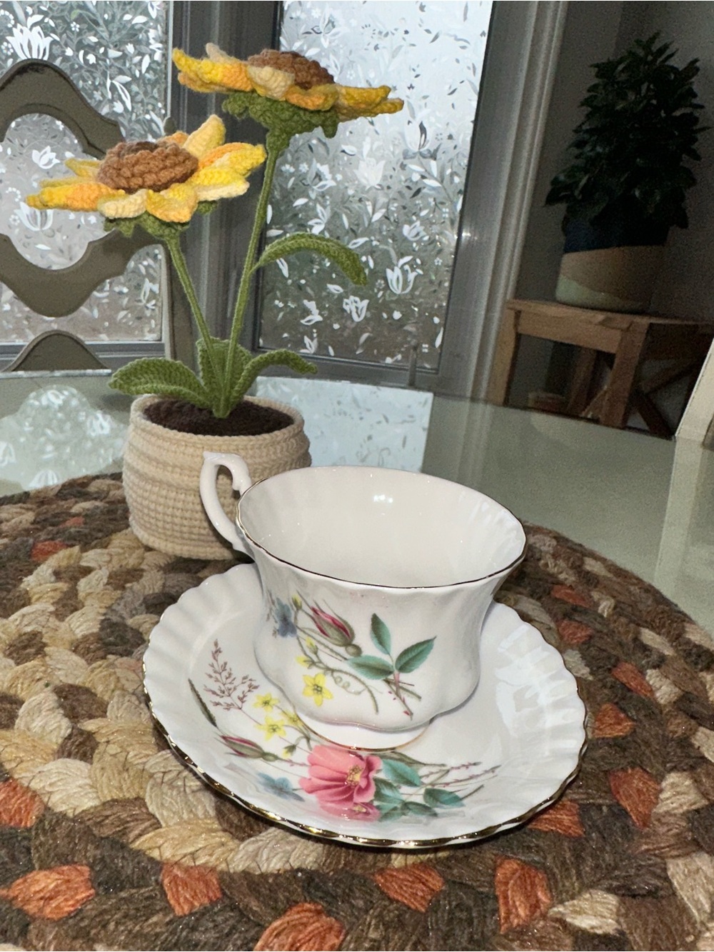 Royal Albert White Teacup and Saucer with Pink, Yellow & Green Floral Motif